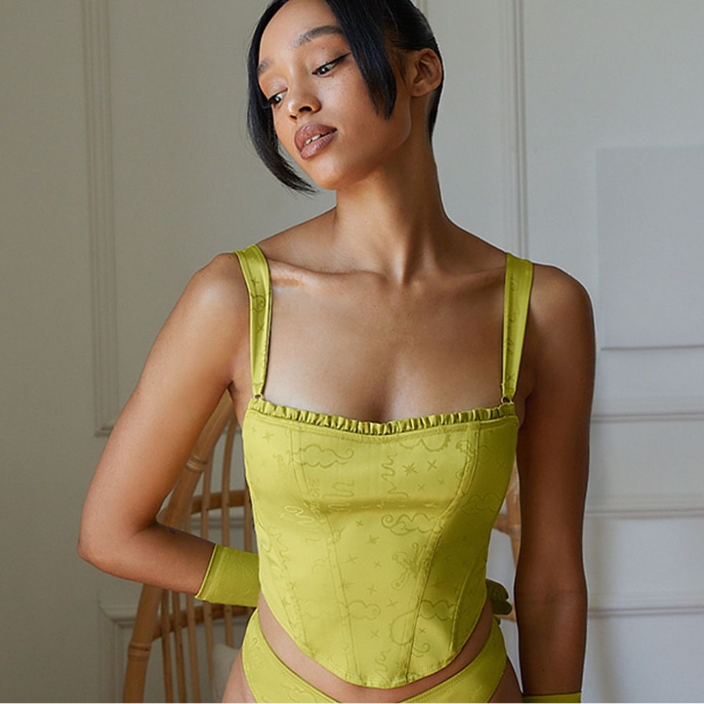 NWT Savage X Fenty Grassy Green Heavenly Satin Bustier Jacquard Print Size Large